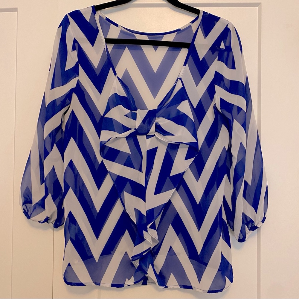 Blue & White Chevron Bow-Back Blouse